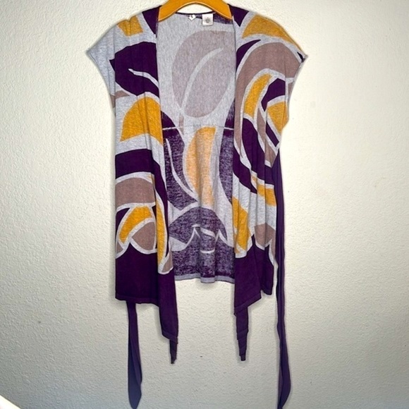 Anthro Moth Wrap Around Sleeveless Cardigan Sweater Lightweight Purple Yellow M - Picture 10 of 15